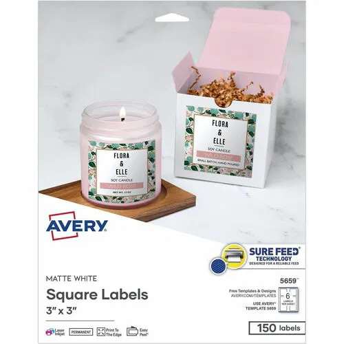 Avery Multipurpose Label, Square, 3in x 3in, White Matte Paper, Permanent Adhesive, Laser/Inkjet, 6/Sheet, 150/PK