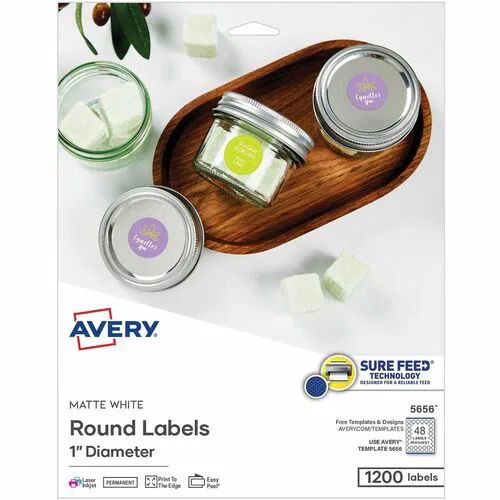 Avery Multipurpose Labels, 1" Round, White Matte, Laser/Inkjet, Print-to-the-Edge, Easy Peel, 48/Sheet, 1200/PK