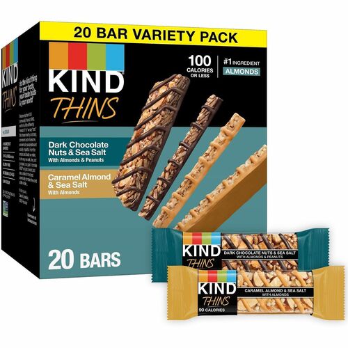 Kind Thins Variety Pack, Chocolate Bars, Dark Chocolate Nuts & Sea Salt, Caramel Almond & Sea Salt, Gluten-Free, Individually Wrapped, 20/Box