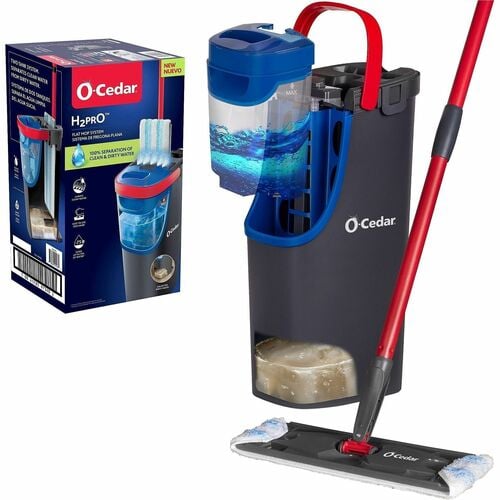 O-Cedar Mopping Kit, H2prO Flat Mop System, Dual-Tank, Battery-Free Water Jets, Microfiber Mop Pad, Black/Red