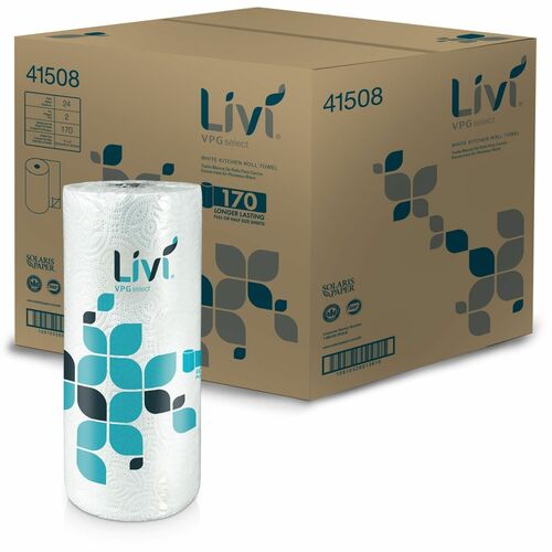 Livi VPG Select Kitchen Paper Towels - 2 Ply - 170 Sheets/Roll - 1 49/64" Core - Wheel Embossed - Bright White - Paper, FiberRoll - 170 Towels/Roll - 24 / Carton
