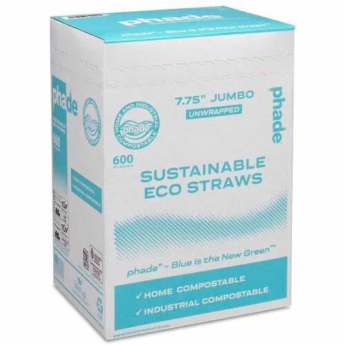 Phade Compostable Straws, 7.8", Polyhydroxyalkanoate (PHA), Caribbean Blue, 600/Box, 10/CT, BPI & TUV Certified, Universal Fit