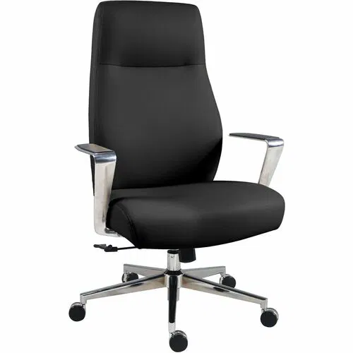Lorell Fuerte Executive/Conference High-Back Chair, Polished Aluminum Arms, Black, Adjustable Seat Height, Tilt Lock, 360-Degree Swivel