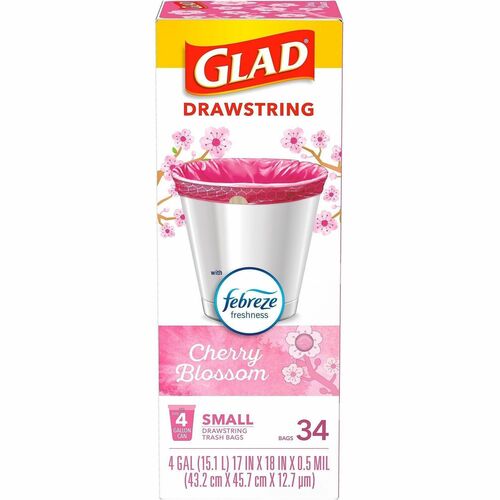 Glad Trash Bag, Kitchen, OdorShield, 4 Gal Small, Drawstring, Cherry Blossom Scent, Pink, 34/Box, 6/CT