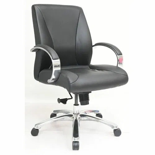 Lorell Chair, Pike Mid-Back Executive, Adjustable 19.7-22.4 in Seat, Synchro-Tilt, Padded Arms, Black Polyurethane, Polished Aluminum Base