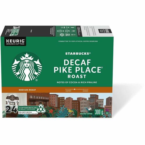Starbucks® K-Cup Decaf Pike Place Roast Coffee - Compatible with Keurig K-Cup Brewer - American - Medium - 24 K-Cup - K-Cup - Arabica, Latin America, Chocolate, Toasted Nut, Pike Place Roast - Decaffeinated - 4 / Carton