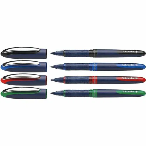 Schneider Rollerball Pen, One Business, 0.6mm Tip, Rubberized Grip, Assorted Black/Red/Blue/Green Ink, Cap-Off Waterproof, 4/PK