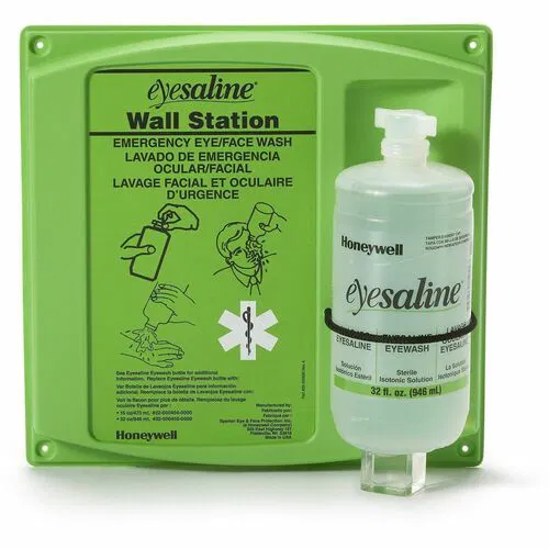 Medline Bottle Eyewash Station, Wall-Mount, Eyesaline, 1 qt, 25" W x 9" D x 15" H, Green, Tamper-Resistant, 4/CT