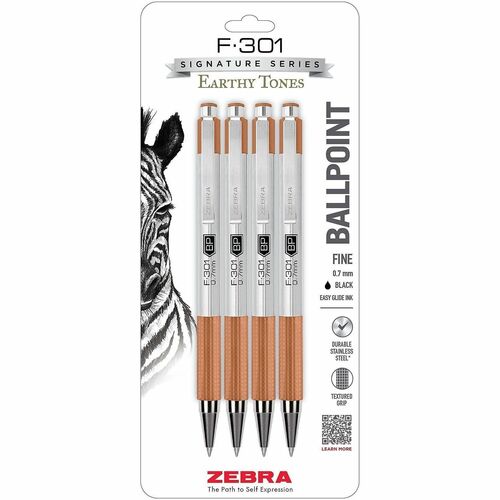 Zebra Pen Signature Ballpoint Pen, Retractable, Refillable, 0.7 mm Fine Point, Black Ink, Terracota Stainless Steel Barrel, 4/PK