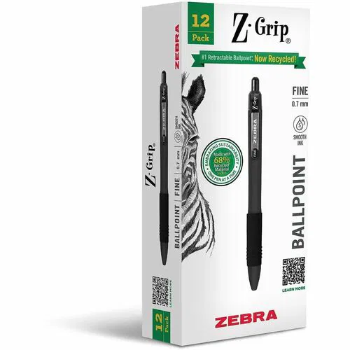 Zebra Pen, Ballpoint Pen, Z-Grip, Retractable, Black Ink, Soft Latex-Free Grip, 68% Recycled Content, 12/PK
