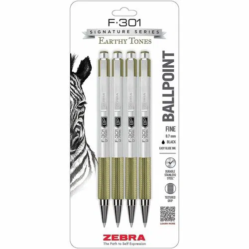 Zebra Pen Ballpoint Pen, Signature, Retractable, 0.7mm Fine Point, Black Ink, Sage Stainless-Steel Barrel, Refillable, 4/PK
