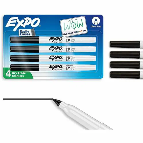 Expo Dry Erase Markers, Black, Low-Odor, Easy-Clean Ink, for Non-Porous Surfaces, 4/PK