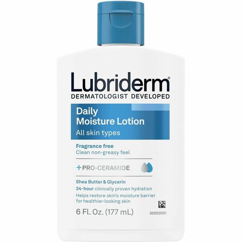 Lubriderm Skin Lotion, Daily Moisture, Body, Face, 6 fl oz, Fragrance-Free, Non-Greasy, Normal-to-Dry Skin, 12/CT