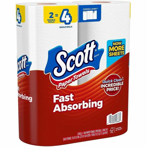 Scott Choose-A-Sheet Paper Towels, 108 Sheets/Roll, Perforated, Absorbent, Lint-Free, White, 12/CT