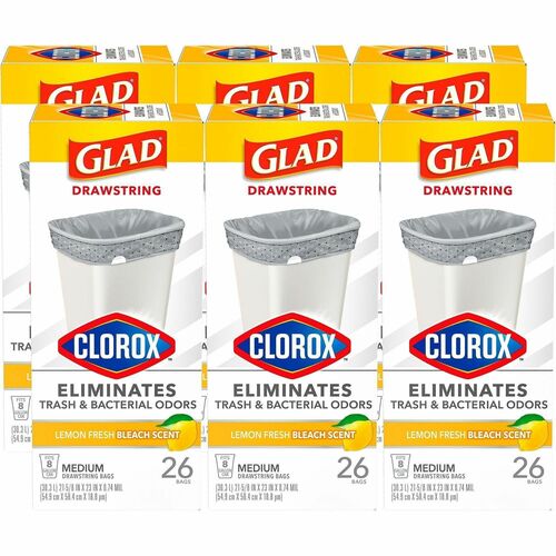 Glad Trash Bags, Medium, 8 gal, Drawstring Closure, Lemon Fresh Bleach Scent, White, 26/PK
