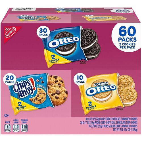 Nabisco Cookies Variety Pack, Individually Wrapped, Assorted Flavors, 0.77 oz, 60/Bag, Chips Ahoy, Oreo, Golden Oreo