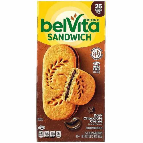BelVita Breakfast Sandwiches, Dark Chocolate Creme, 15 g Whole Grain, Individually Wrapped, 1.76 oz, 25/Bag, 1/CT