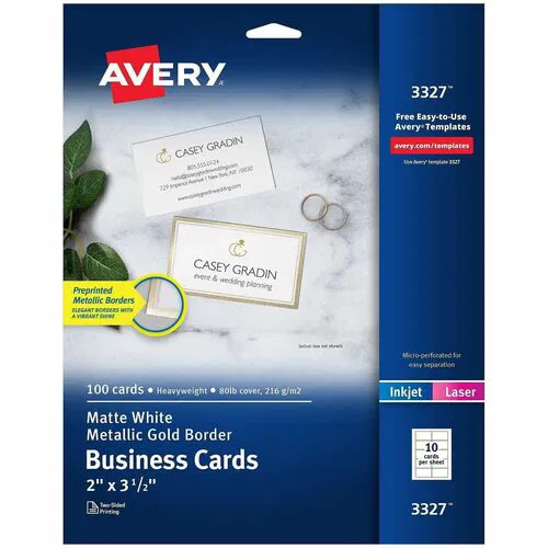 Avery Business Cards, 2" x 3.5", 80 lb Cover (216 gsm), White, Metallic Gold Border, Pre-Printed Double-Sided, Laser/Inkjet Compatible, 100/PK