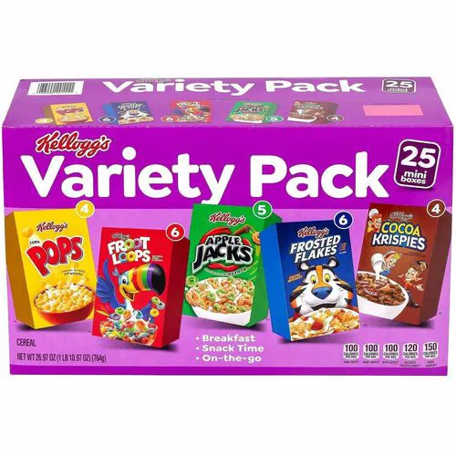 Kellogg's Cereal Variety Pack, Assorted Flavors (Corn Pops, Froot Loops, Apple Jacks, Frosted Flakes, Cocoa Krispies), 25/Bag, 1/CT