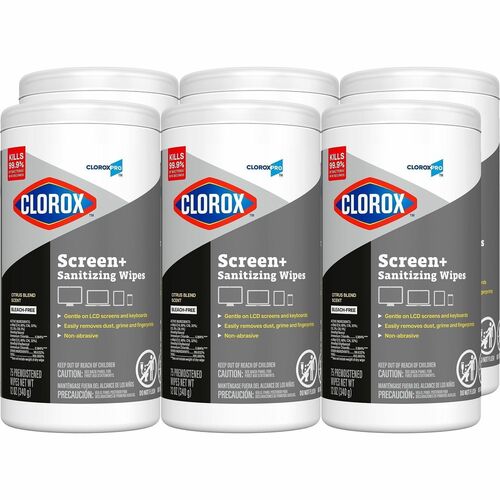 Clorox Screen Sanitizing Wipes, for Touchscreens and Electronics, Alcohol-Free, Bleach-Free, Low Linting, 75 Wipes/Canister, 6/CT
