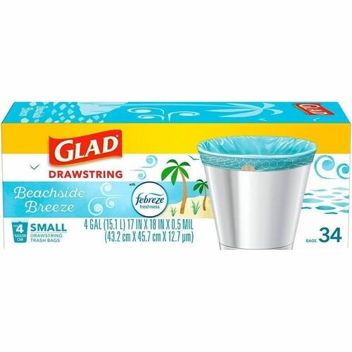 Glad OdorShield Trash Bags, Small 4 Gal, Drawstring, 17" x 18", 0.5 mil (13 Micron), Beachside Breeze Scent, White, 80/PK