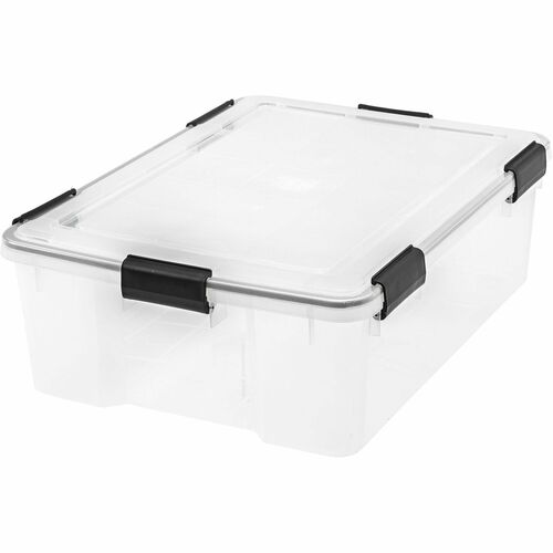 IRIS WeatherPro Storage Tote, 23.6" W x 17.8" D x 7.9" H, 10.3 Gal, Clear/Black Plastic, Weathertight, Heavy-Duty, Stackable, Buckle Latch
