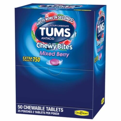 Lil' Drug Store Antacid, Tums Chewy Bites, Calcium Carbonate 750 mg, Assorted Berries, 2 Tablets/Packet, 25/Box