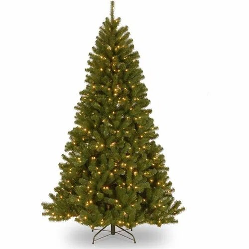 National Tree Christmas Tree, North Valley Spruce, 47" W x 47" D x 84" H, Green, Clear Pre-Strung LED Lights, Hinged Branches, Metal Stand