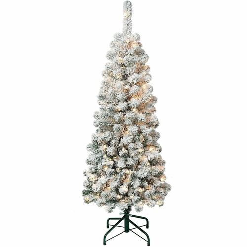 National Tree Acacia Christmas Tree, 4.5 ft, Flocked, Pre-Lit, 100 Clear Lights, Hinged Branches, Metal Folding Stand, Green