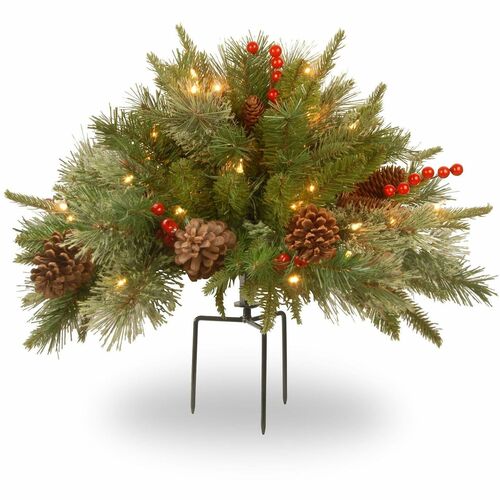National Tree Colonial Christmas Urn Filler, 18" Pre-Lit, 35 Warm White LED, Battery-Operated, 6H on/18H off Timer, Indoor/Outdoor, Green