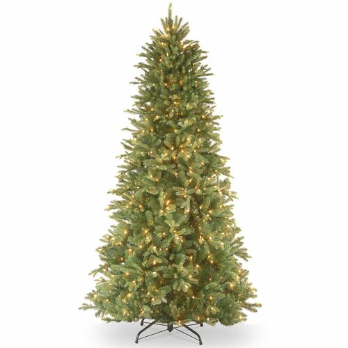 National Tree, Christmas Tree, Indoor, Tiffany Fir Slim, 44" x 44" x 90", Pre-Strung 600 Clear LED Lights, Hinged Branches, Metal Base