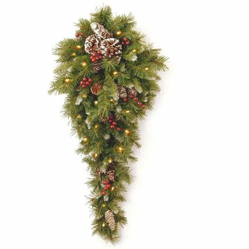 National Tree, Artificial Plant, Wall-Mount, Frosted Berry Teardrop, 36" H, 50 Warm White Battery LED Lights, 6H on/18H off, Indoor/Outdoor