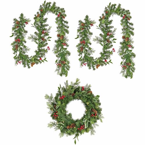 National Tree Wreath & Garland Set, Door, 2x 9 ft Garlands, 24" Wreath, Battery-Operated, Warm White LEDs, Green, Red Berries & Pine Cones