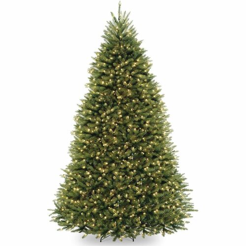 National Tree, Christmas Tree, Living Room, Dunhill Fir, 66 in W x 66 in D x 108 in H, Pre-Lit Clear Lights, Hinged Branches, Metal Stand, Green
