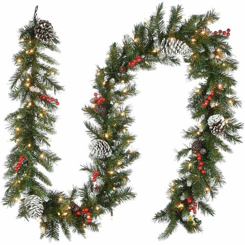 National Tree Decorative Garland, Indoor/Outdoor, 9 ft Frosted Berry, Pre-Strung 100 Clear Lights, Hypoallergenic Fire-Resistant Needles