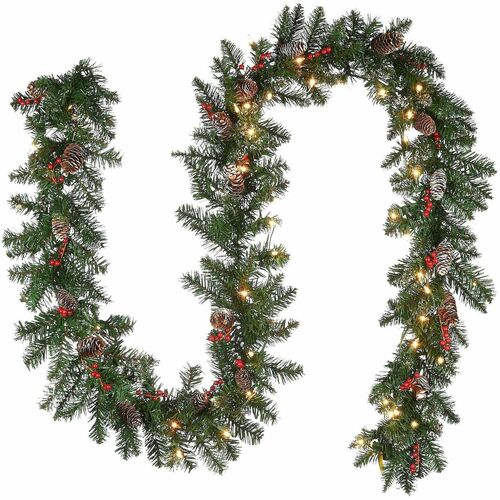National Tree, Decorative Garland, Indoor/Outdoor, Mountain Spruce, 10" x 108" x 4", Green, Pre-Strung Clear Lights, Pine Cones, Red Berries