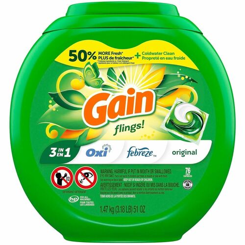 Gain Flings Laundry Detergent Pacs, Original Scent, Aroma Boost, 3-in-1, HE Compatible, 76/PK, 4/CT