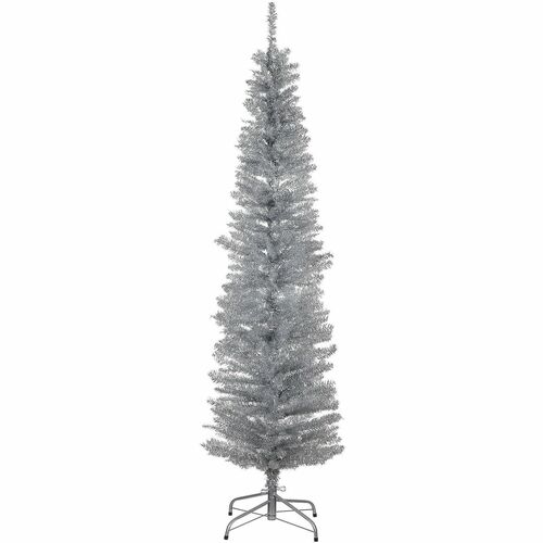 National Tree Christmas Tree, Tinsel, 6' Slim Profile, 21" W x 21" D x 72" H, Silver, Hinged Branches, Fire-Resistant