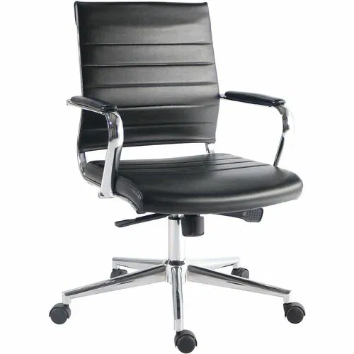 Lorell Chair, Tempo Mid-Back Manager, Black Leather, Chrome Frame, 360 Swivel, Tilt Lock, 19.3" W x 18.9" D