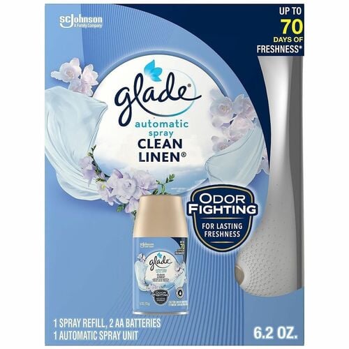 Glade Automatic Spray Air Freshener Kit, Clean Linen, 6.2 fl oz Refill, 70-Day, Includes Holder and 2 AA Batteries, 4/CT