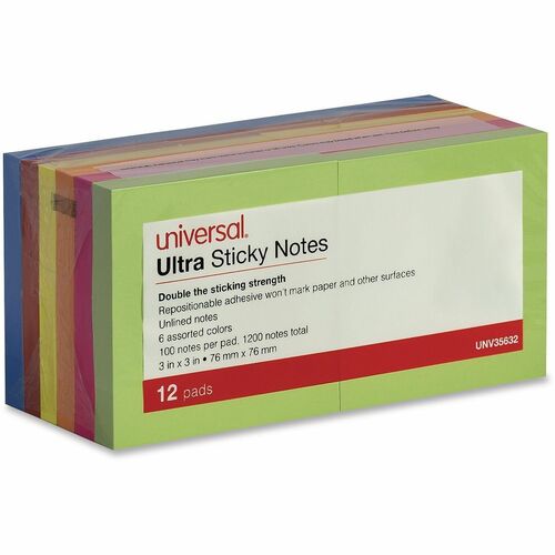 Universal Note Pad, Square, Ruled, 100 Sheets/Pad, 12/PK (1200 Total), Assorted Colors, Self-Stick
