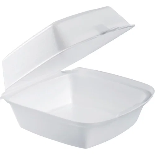 Dart Food Container, Hinged Lid, 6" W x 5.9" D x 3" H, White Polystyrene Body, Foam Lid, 125/Bag, 4/CT
