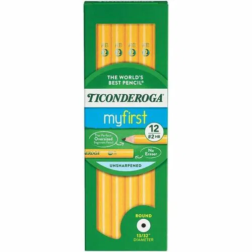 Ticonderoga, Wood Pencils, My First, 13/32" Round, 10.3 mm Lead, HB/#2 Broad Point, Yellow Barrel, 12/PK