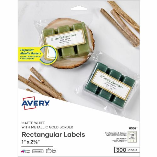 Avery Matte White Labels With Gold Borders - x 1" Width x 2 5/8" Length - Permanent Adhesive - Inkjet, Laser - Matte White - Metallic Gold Border - For Label Printer - 300 / Pack