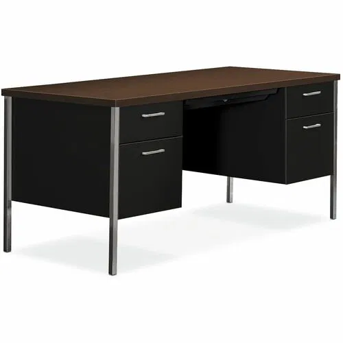 HON Pedestal Desk, Office, 34000 Series, 60" W x 30" D x 29.5" H, Double Pedestal, 4 Drawers, Center-Locking, Wood Grain Top, Chrome Base