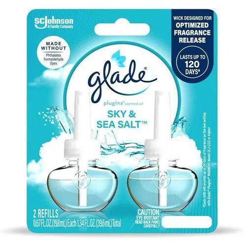 Glade PlugIns Refill - Oil - 550 Sq. ft. - 0.6 fl oz (0 quart) - Sky & Sea Salt - 60 Day - Paraben-free, Phthalate-free, Nitro Musk Free, Formaldehyde-free, Long Lasting - 2/Pack - 6 / Carton