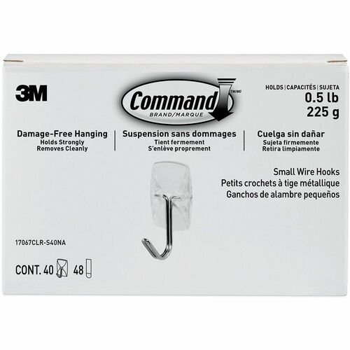 Command Adhesive Wire Hooks, Surface-Mount, Small, 8 oz Capacity, Reusable, Clear Plastic/Metal, for Painted Surface, Wood, Tile, 40/PK
