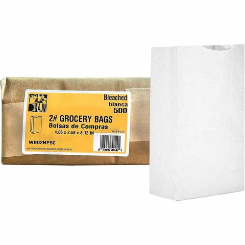 AJM #2 White Paper Grocery Bags - #2 - Bleached Kraft - Paper - Grocery, Supplies - Recycled - 500 / Carton