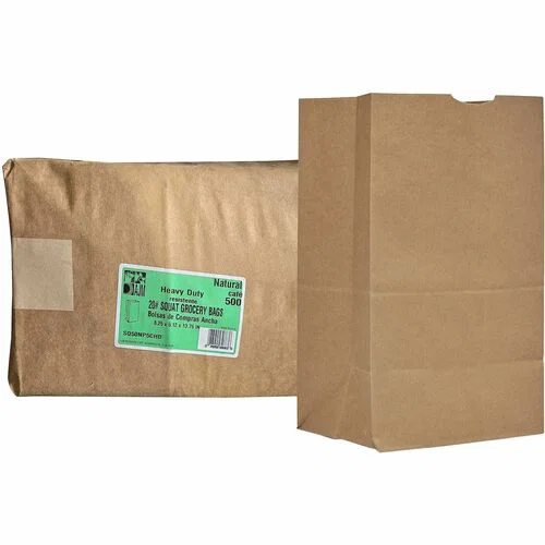 AJM #20 Squat Heavy-Duty Kraft Paper Grocery Bags - #20 - Natural Kraft - Paper - Grocery, Supplies - 500 / Carton