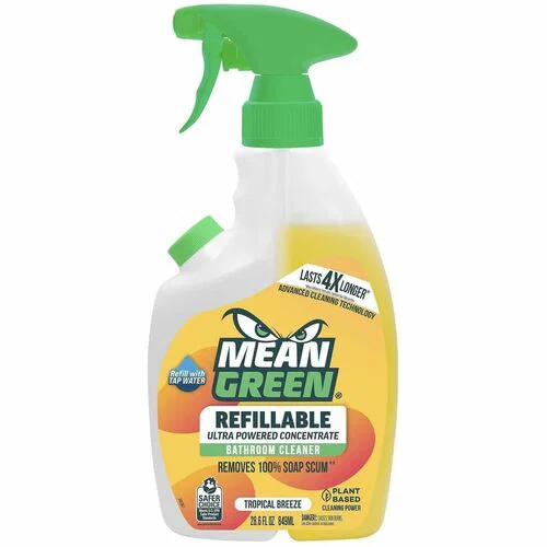 Mean Green Refillable Bathroom Cleaner - For Bathroom, Multi Surface - Concentrate - Spray, Liquid - 28.6 fl oz (0.9 quart) - 2 to 3.5 pH - Tropical Breeze Scent - Recommended For: Soap Scum Remover, Stain Remover - Bleach-free, Refillable, Residue-free -